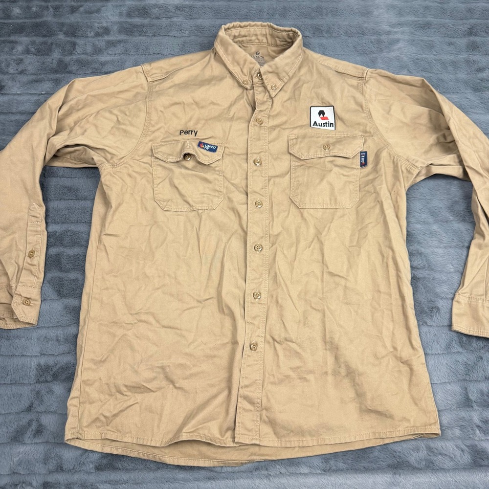 Lapco FR Mens Khaki Flame Resistant Work Shirt IKH7 Cotton Twill Large Regular
